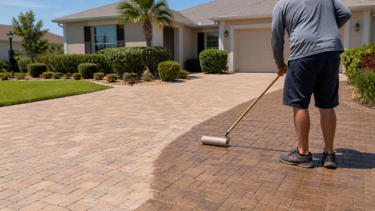 Freshly sealed paver driveway and walkway at a Bradenton home